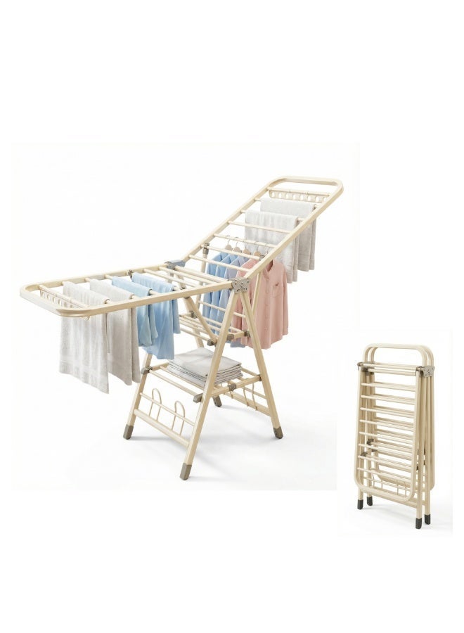 Folding Clothes Drying Rack 1.8M, 3-Tier Adjustable Height Laundry Drying Stand with Middle Storage Shelf, Shoe Drying Rack & Windproof Hanger Holes, Heavy-Duty Carbon Steel, Cream White - Image 1